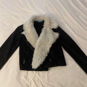 Show me your mumu black jean jacket with faux fur trim